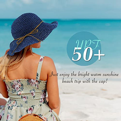 Women Sun Hat Wide Brim Floppy Beach Hat Breathable UV UPF 50+ Straw Hat Foldable Packable Summer Outdoor Cap - color: Navy Blue