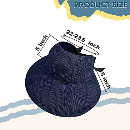 Straw Sun Visor for Women, Wide Brim UPF 50+ Protection Beach Hat, Adjustable, Roll Up Foldable Ponytail Cap with Chin Strap - color: A Navy