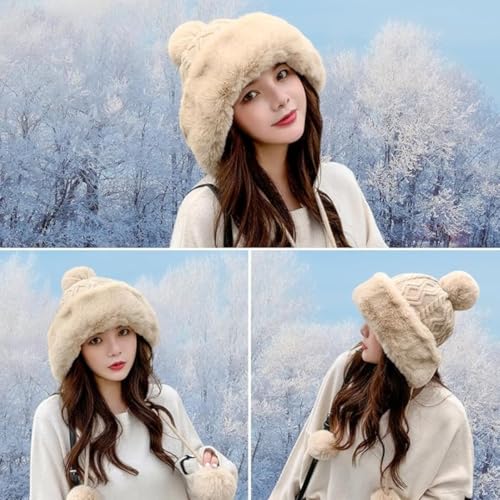 Winter Pompom Beanie Hats for Women Fluffy Knit Skull Cap Womens Faux Fur Crochet Warm Bucket Outdoor Ear Cover - color: Khaki