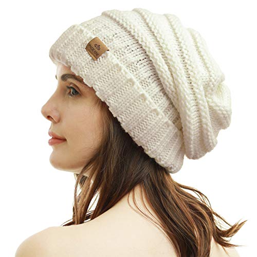 Womens Winter Beanie Warm Knit Hat Cable Stretch Trendy Ribbed Chunky Cap - color: White