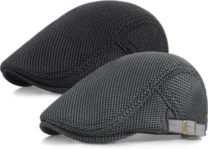 2 Pack Men's Mesh Cap Breathable Summer Newsboy Hat Adjustable Beret Ivy Cap Irish Cabbie Driving Hunting Hats - color: Black/Dark Grey