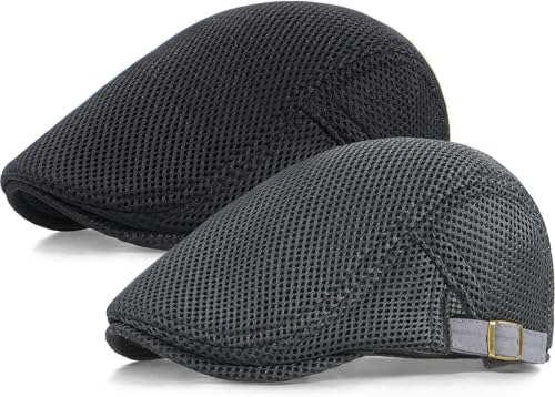 2 Pack Men's Mesh Cap Breathable Summer Newsboy Hat Adjustable Beret Ivy Cap Irish Cabbie Driving Hunting Hats - color: Black/Dark Grey