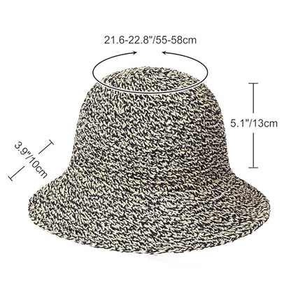 Womens Sun Hat Handmade Crochet Straw Bucket for Summer Foldable Travel Cap - color: Beige & Black
