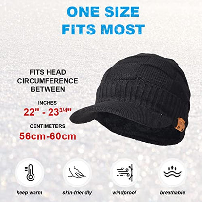 Ruphedy Mens Beanie with Brim Winter Hat Knitted Thick Fleece Visor Beanie - color: B322-black