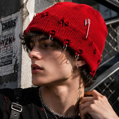 Distressed Ring Beanie Hat for Women Men Slouchy Skull Cap - color: Red