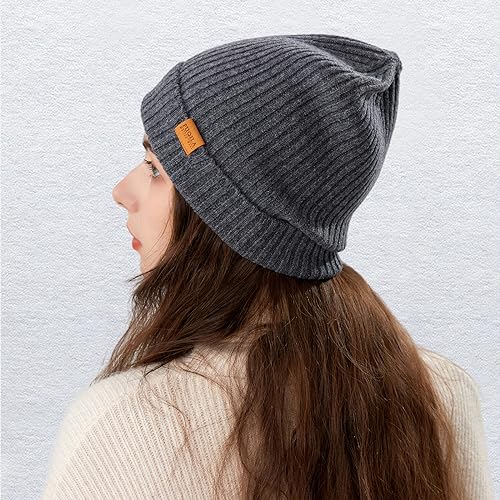 100% Merino Wool Cuff Beanie Hat, Unisex Warm Winter Caps Soft, Breathable & Cozy Stretchy Knitted Cuffed Cap - color: Grey