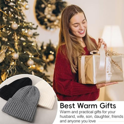 Shihanee 3 Pack Wool Knit Beanie Hats Ribbed Cuffed Winter Slouchy Hats
