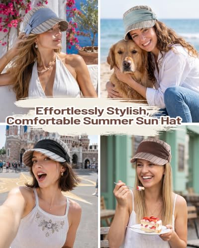 Women Linen Blend Newsboy Hat Lightweight Breathable Flat Top Summer Cap - color: Light Blue