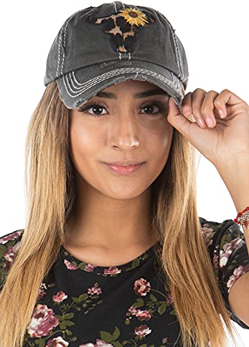 Funky Junque Distressed Baseball Cap, Vintage Embroidered Dad Hat - color: Leopard Steer W/ Flower - Black