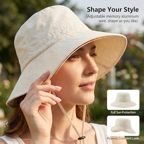 Moon Kitty Men's Sun Hat UPF 50+ Wide Brim Bucket HatAdjustable Nylon Fishing Hiking Boonie Hat for Large Heads - color: Light Khaki
