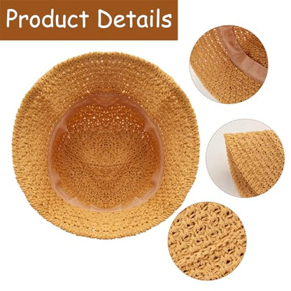 Avxdbr Womens Sun Hat Crochet Straw Bucket Hat Wide-Brimmed Beach Cap