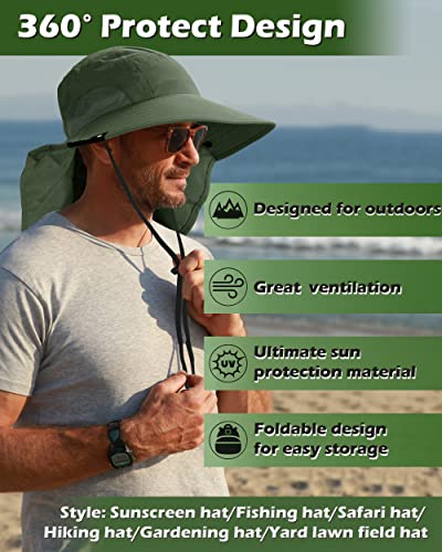 Tirrinia Wide Brim Sun Hat with Neck Flap for Men & Women - color: Forest Green