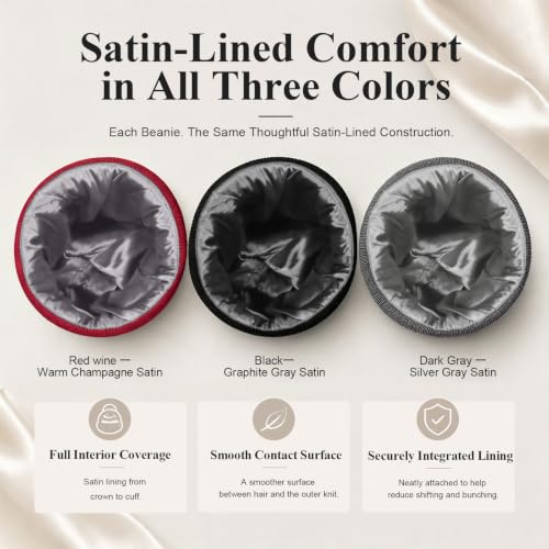 3 Pack Satin Lined Beanies for Men and Women Silk Warm Cuffed Winter Hats - color: Black+dark Grey+wine Red