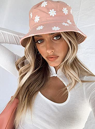 XYIYI Cute Bucket Hat Beach Fisherman Hats for Women, Reversible Double-Side-Wear - color: Flower Pink