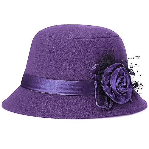 Glamorstar Vintage Felt Cloche Hat Winter Floral Fedora Bucket Hat Bowler Hats - color: Purple