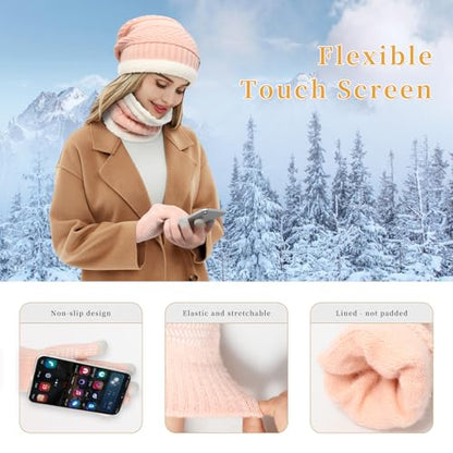 MAYLISACC Winter Knit Beanie Hat Neck Warmer Scarf and Touch Screen Gloves Set 3 Pcs Fleece Lined Skull Cap for Men Women - color: Pink--3 Pcs--(hat+scarf+gloves)