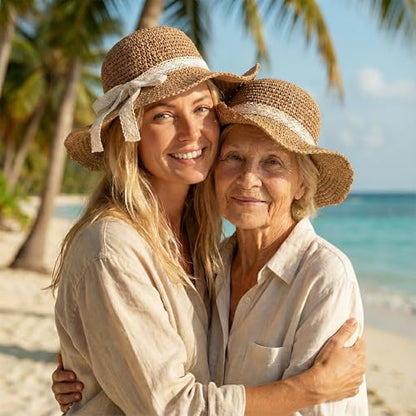 Summer Beach Sun Straw Hats for Women Wide Brim Packable Travel Bucket Hats UPF 50+ - color: Light Brown