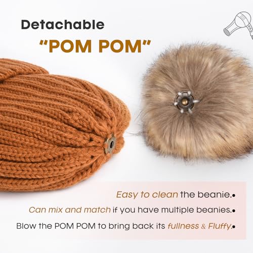 FURTALK Womens Winter Knitted Beanie Hat with Faux Fur Pom Warm Knit Skull Cap Beanie for Women - color: Caramel