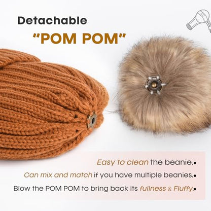 FURTALK Womens Winter Knitted Beanie Hat with Faux Fur Pom Warm Knit Skull Cap Beanie for Women - color: Caramel