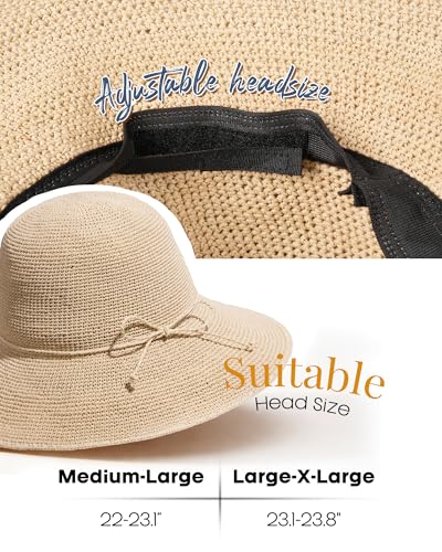 FURTALK Beach Sun Hat for Women Foldable Packable Handmade Straw Hats Sun Protection Floppy Travel Essentials - color: Beige, size: Medium-Large
