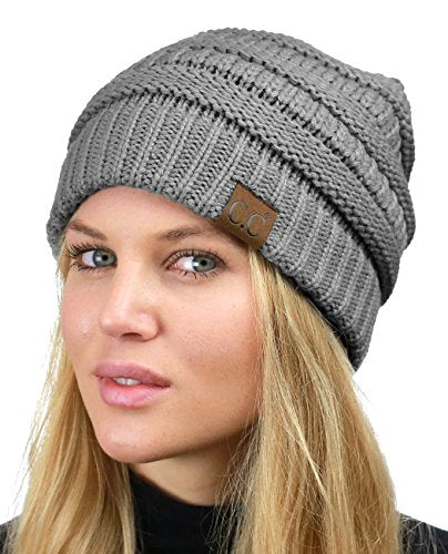 C.C Unisex Chunky Soft Stretch Cable Knit Warm Fuzzy Lined Skully Beanie - color: Light Melange Gray