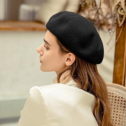 Women Beret Classic French Hat - Elegent Black Wool Beret for Party Romantic French Themed Fancy Dress(Size:S/M) - color: Black