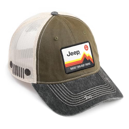 Jeep Have Fun Out There Patch Garment Washed Trucker Hat Unstructured for Men & Women - Adjustable Snapback Baseball Cap - color: Green