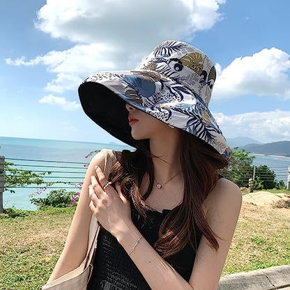 HUAMULAN Women Summer Vacation Wide Brim Sun Hat Reversible Fishing Hats - color: Black