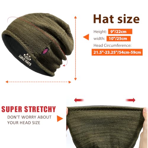 2 Pack Fleece Lined Beanie Hat Reversible Knit Skull Cap for Men Women - color: Black+khaki