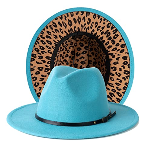 Women Two Tone Wide Brim Fedora Felt Panama Hat - color: Lake Blue/Leopard