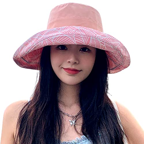 HUAMULAN Wide Brim Women Summer Sun Floppy Hat Reversible Beach Bucket Hat - color: M2246-pink