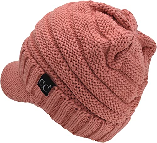 C.C Trendy Warm Oversized Chunky Soft Oversized Ribbed Slouchy Knit Hat with Visor Brim - color: Salmon Pink
