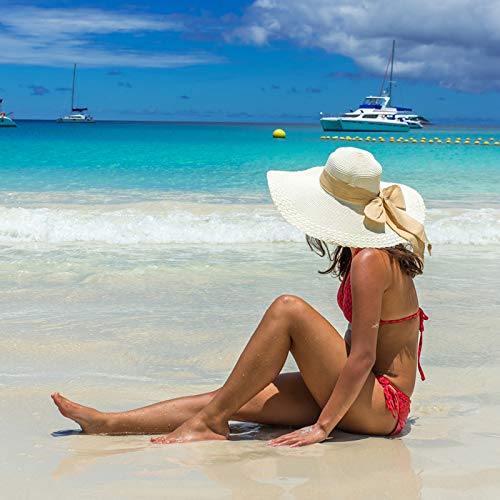 Lanzom Womens 5.7 Inches Big Bowknot Straw Hat Large Floppy Foldable Roll up Beach Cap Sun Hat UPF 50+ - color: Rose