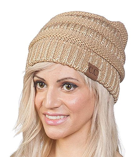 C.C Trendy Warm Chunky Soft Stretch Cable Knit Beanie Skully - color: Metallic Gold