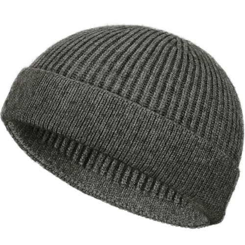 Wool Fisherman Beanie for Men Wome, Thin Knit Winter Hats Skull Cap - color: Dark Grey