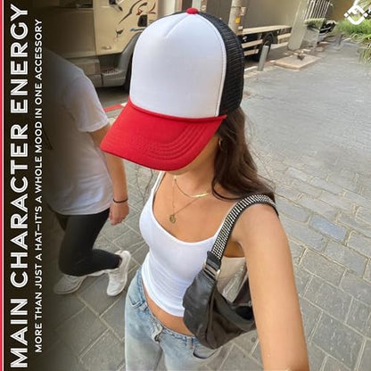 Funky Junque Blank Mesh Foam Lightweight Snapback Trucker Hat - color: White/Red/Black