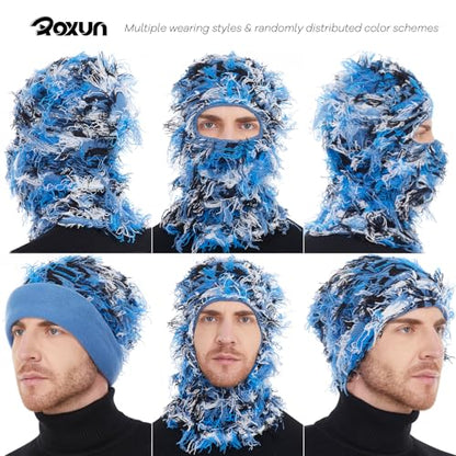 ROXUN Distressed Ski Mask Balaclava, Yeat Shiesty Fluffy Knitted Full Face - color: 01- Blue Mixed