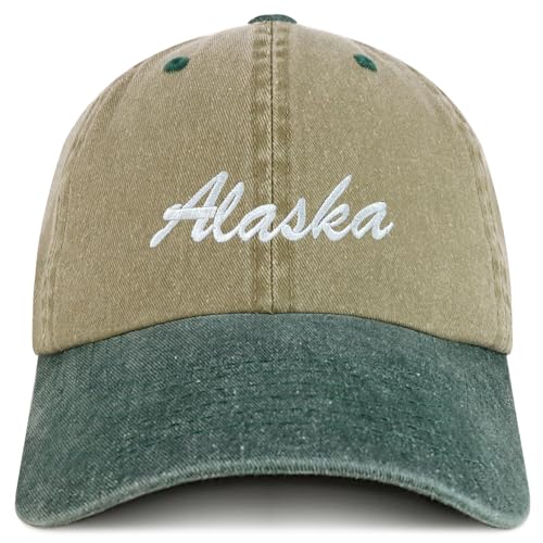 Trendy Apparel Shop Alaska State Embroidered Low Profile Adjustable Cotton Cap - color: Khaki Dark Green