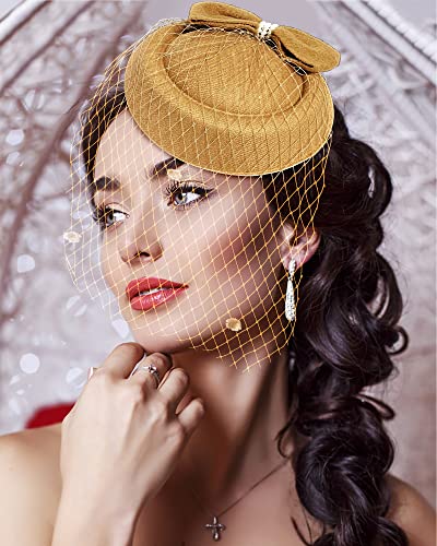 Pillbox Hat with Veil Vintage Fascinators for Women Tea Party Bridal Wedding Halloween First Communion Hats - color: Gold