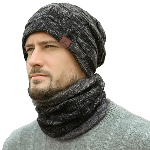 FZ FANTASTIC ZONE Men's Winter Beanie Hats Neck Warmer Warm Infinity Scarf - color: Black