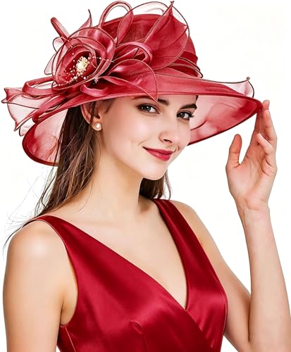 Women Derby Fascinator Hat Organza Church Wedding Hats Wide Brim Cocktail Tea Party Hat - color: 08 Wine Red