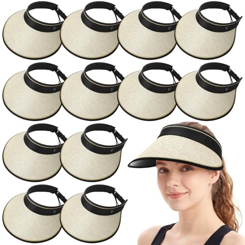 12 Pack Wide Brim Sun Visor Hats for Women UPF 50+ Foldable Straw Beach Hat UV Protection for Travel, Vacation - color: Beige