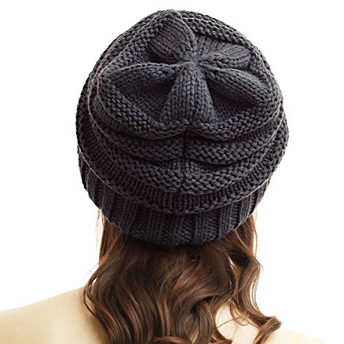 Womens Winter Beanie Warm Knit Hat Cable Stretch Trendy Ribbed Chunky Cap - color: Dark Gray