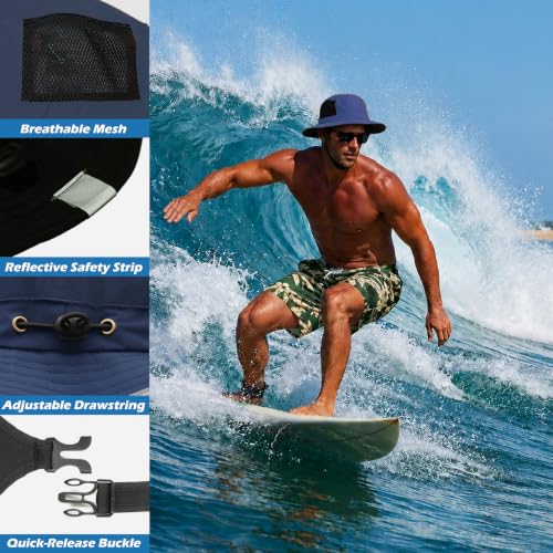 Surblue Surf Bucket Hat with Widened Chin Straps UPF 50+ Windproof Sun Hat Adjustable Packable Cap for Water Sports Surfing - color: Navy