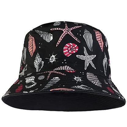 Falari Reversible Bucket Hat for Men Women Summer Travel Beach Outdoor Fishing Hat 100% Cotton - color: J894-black-sealife