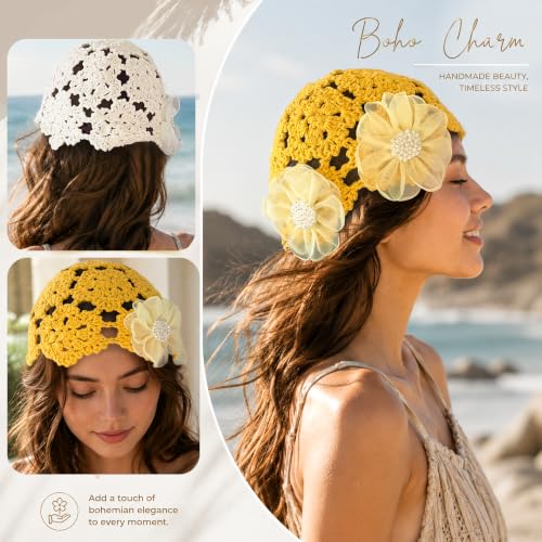 Crochet Hat Cap Cute Summer Beanies with Pearl Decor Boho Knit Mesh Hat - color: White Flower