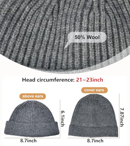Wool Fisherman Beanie for Men Wome, Thin Knit Winter Hats Skull Cap - color: Grey