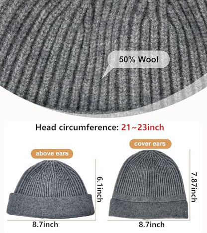 Wool Fisherman Beanie for Men Wome, Thin Knit Winter Hats Skull Cap - color: Grey