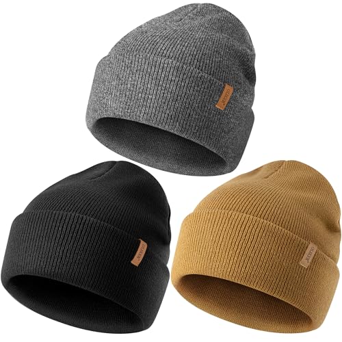Beanie for Men Women, Winter Double Layer Warm Hat Skull Cap - color: Dark Grey+brown+black