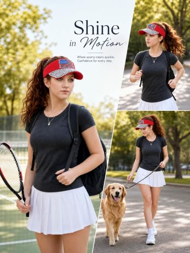 Women Shiny Rhinestone Bling Sun Visor Adjustable Tennis Beach Ponytail Hat - color: Red-usaflag